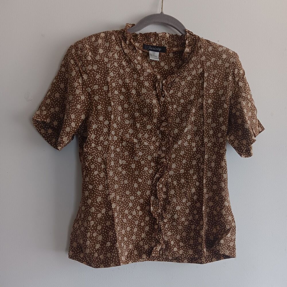 Vintage Juriety brown floral 100% silk blouse lightweight boho prairie‎